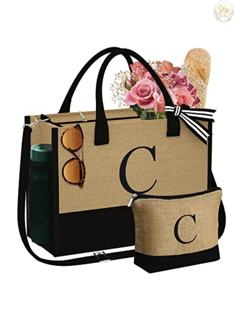 Personalized Monogram Jute Tote Bag with Makeup Bag - Adjustable Strap Gift